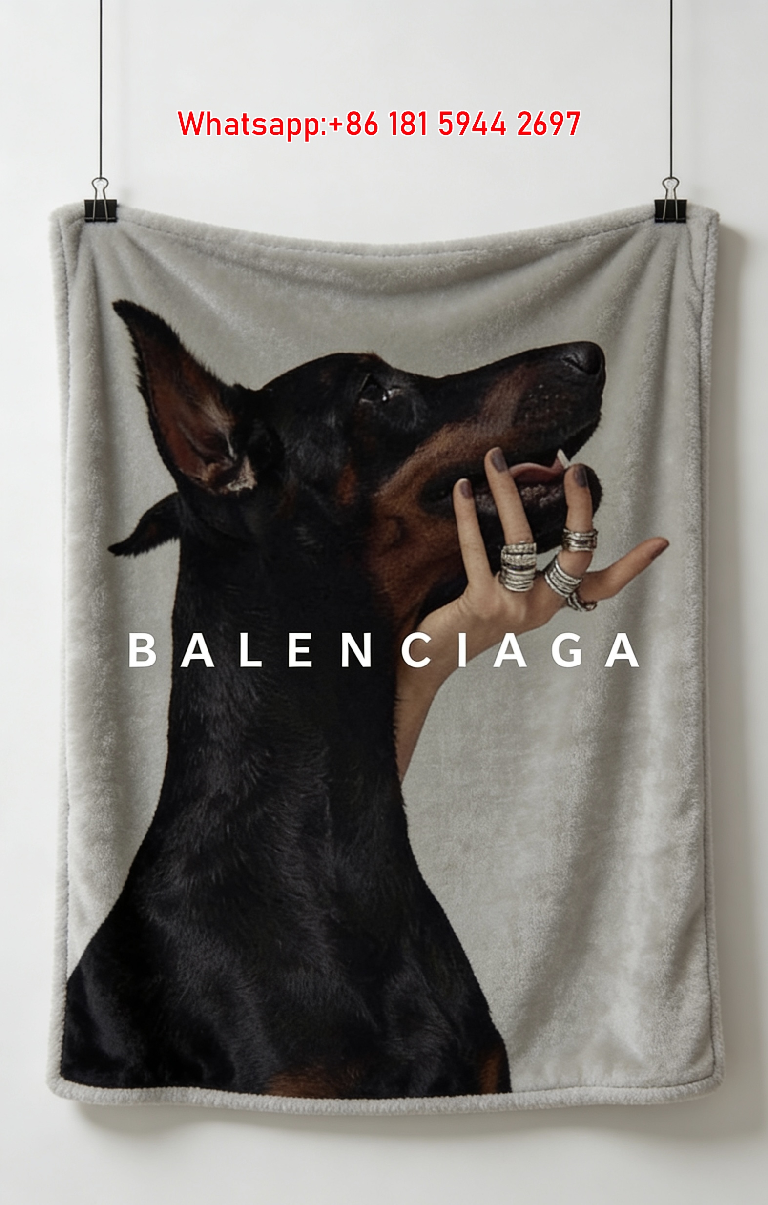Balenciaga Doberman Dog & Hand Rings Print Flannel Sofa Throw Blanket Luxury Brand Cover BA037